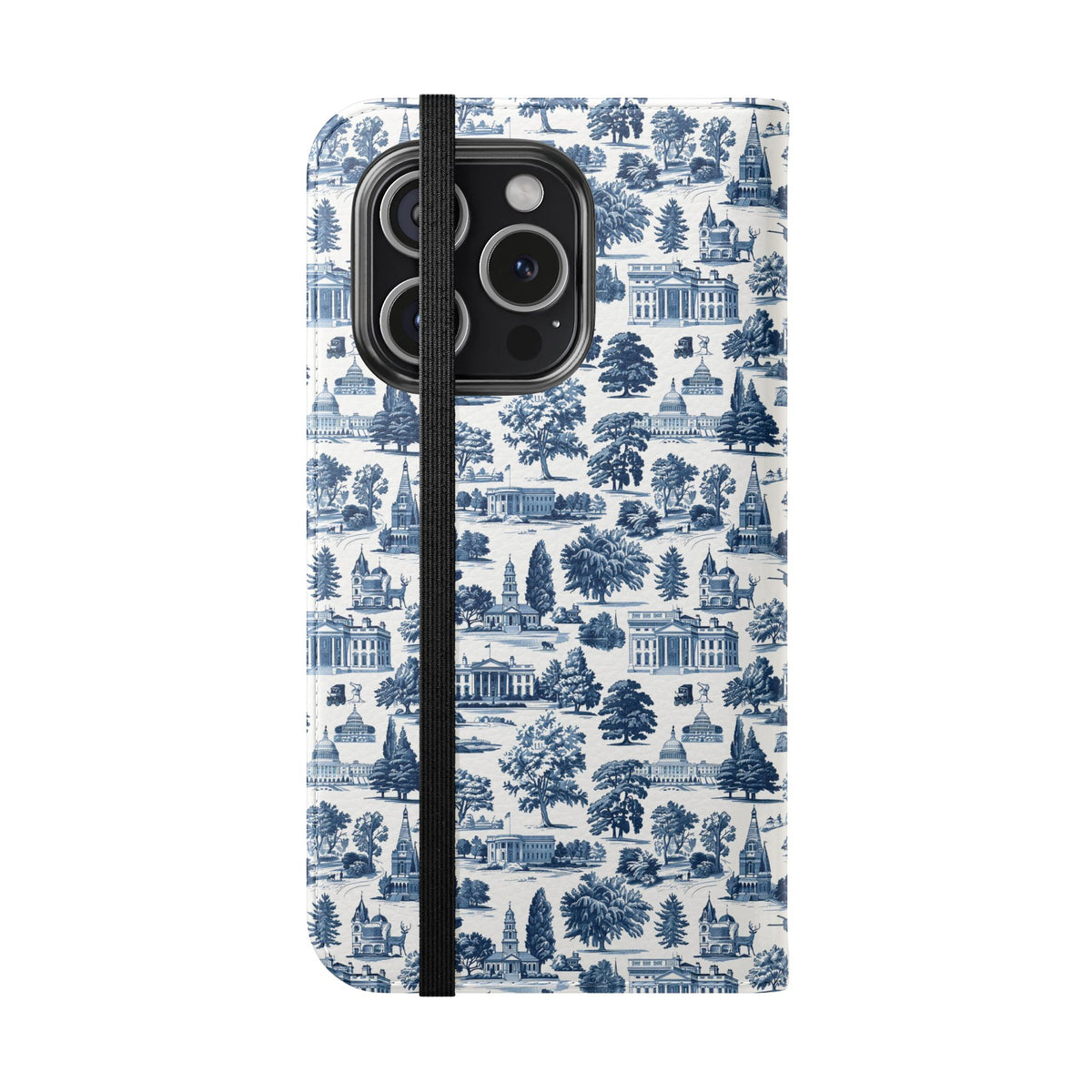 Vintage Toile Flip Phone Case — Blue Scenic Wallet Cover with Card Slots