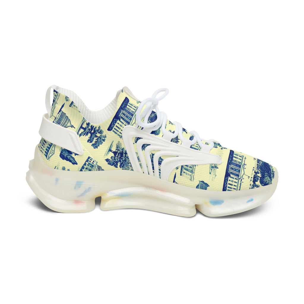 Mesh Sneakers — Vintage Architectural Print Women's Athletic Shoes