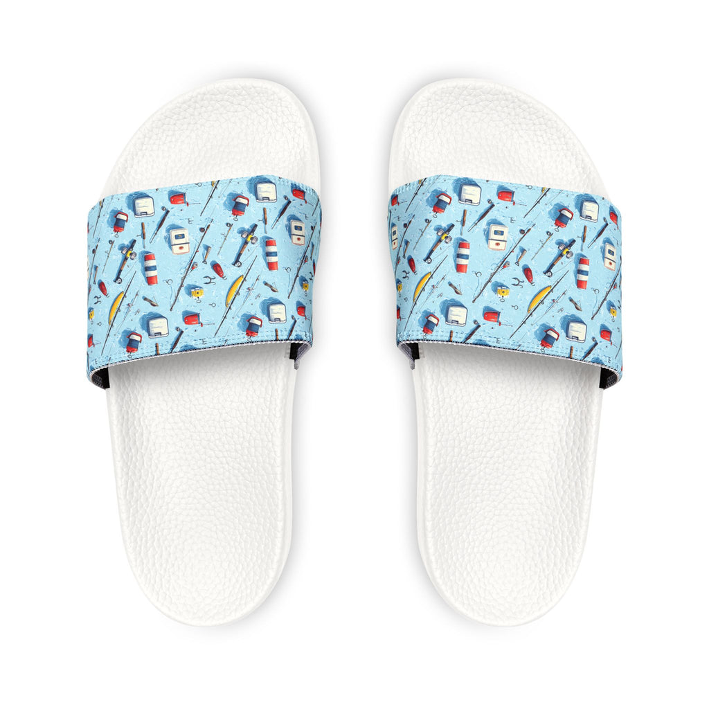 Youth Slide Sandals — Blue Summer Beach Print with Removable Strap