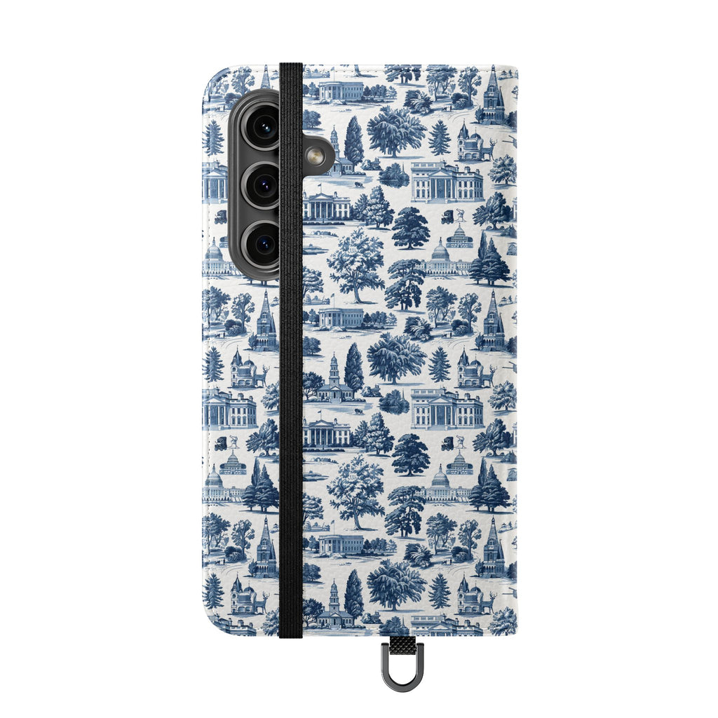 Vintage Toile Flip Phone Case — Blue Scenic Wallet Cover with Card Slots