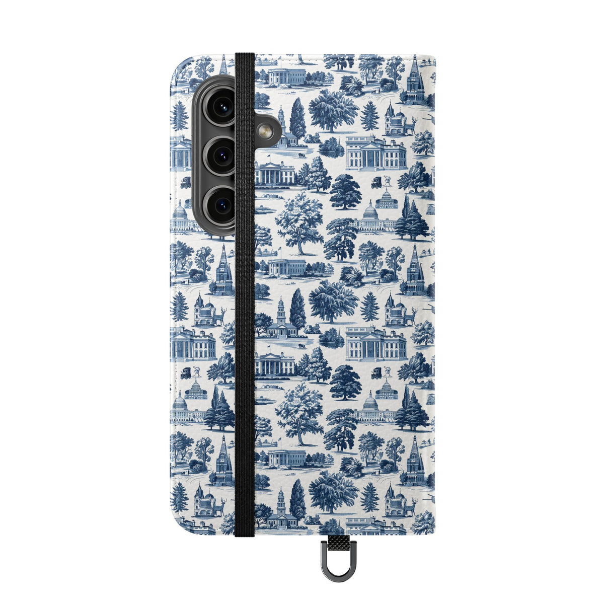 Vintage Toile Flip Phone Case — Blue Scenic Wallet Cover with Card Slots
