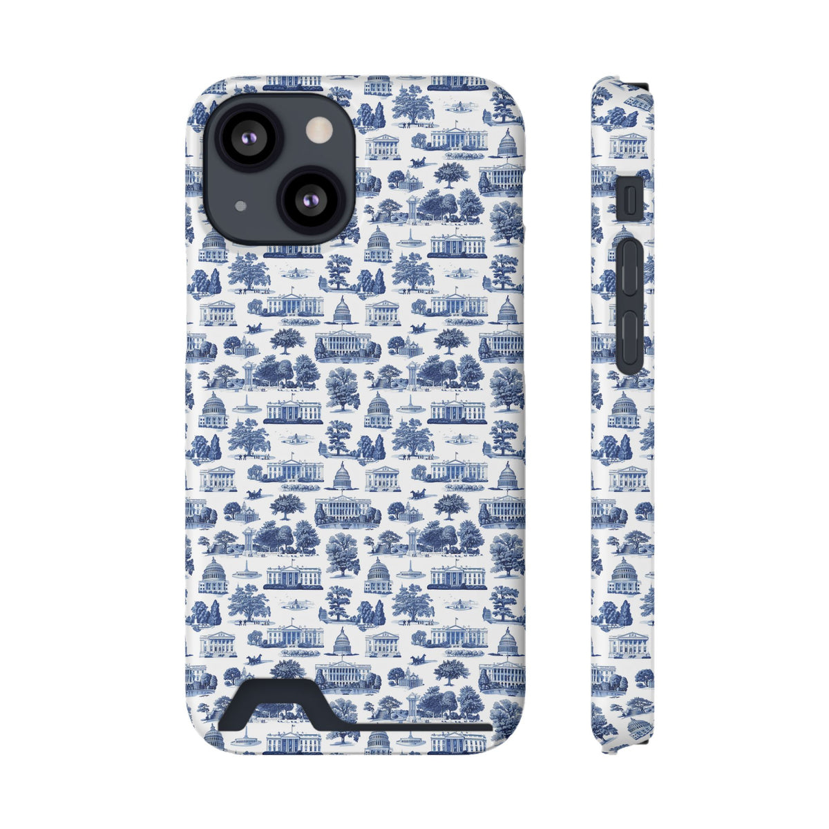 Blue Toile Phone Card Case — Slim Wallet Phone Case with Scenic Pattern