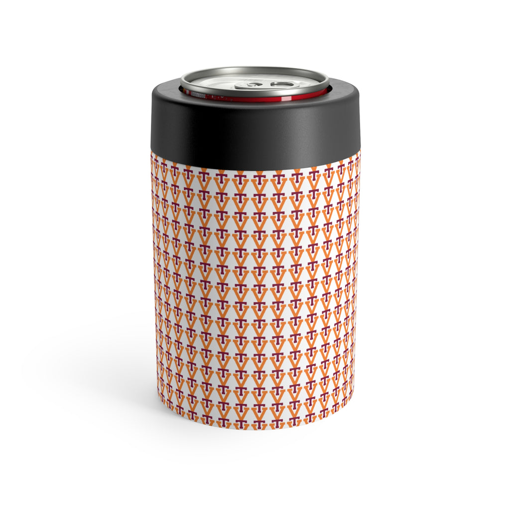 Insulated Can Cooler with Geometric Violet-Orange Pattern