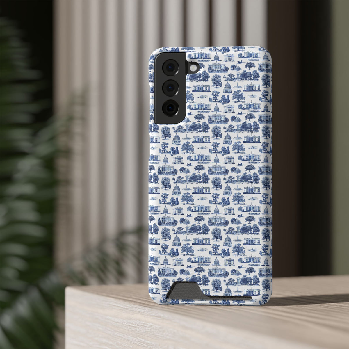 Blue Toile Phone Card Case — Vintage Scenic Pattern Phone Case with Card Holder