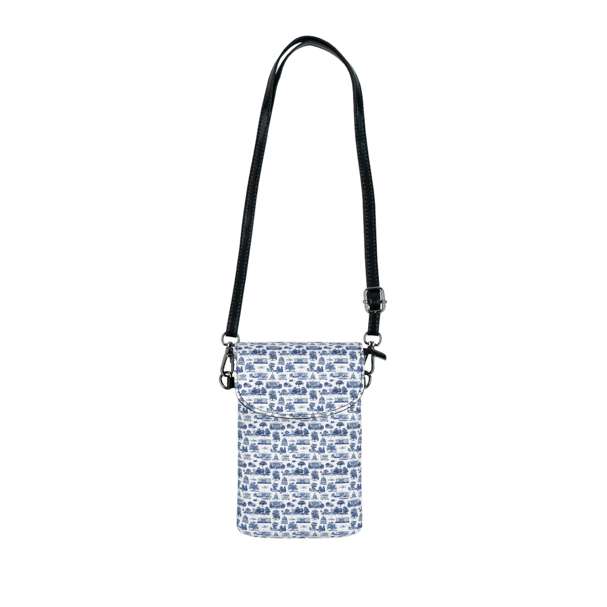 Blue Toile Crossbody Phone Wallet — Small Cell Phone Wallet with Card Slots & Adjustable Strap