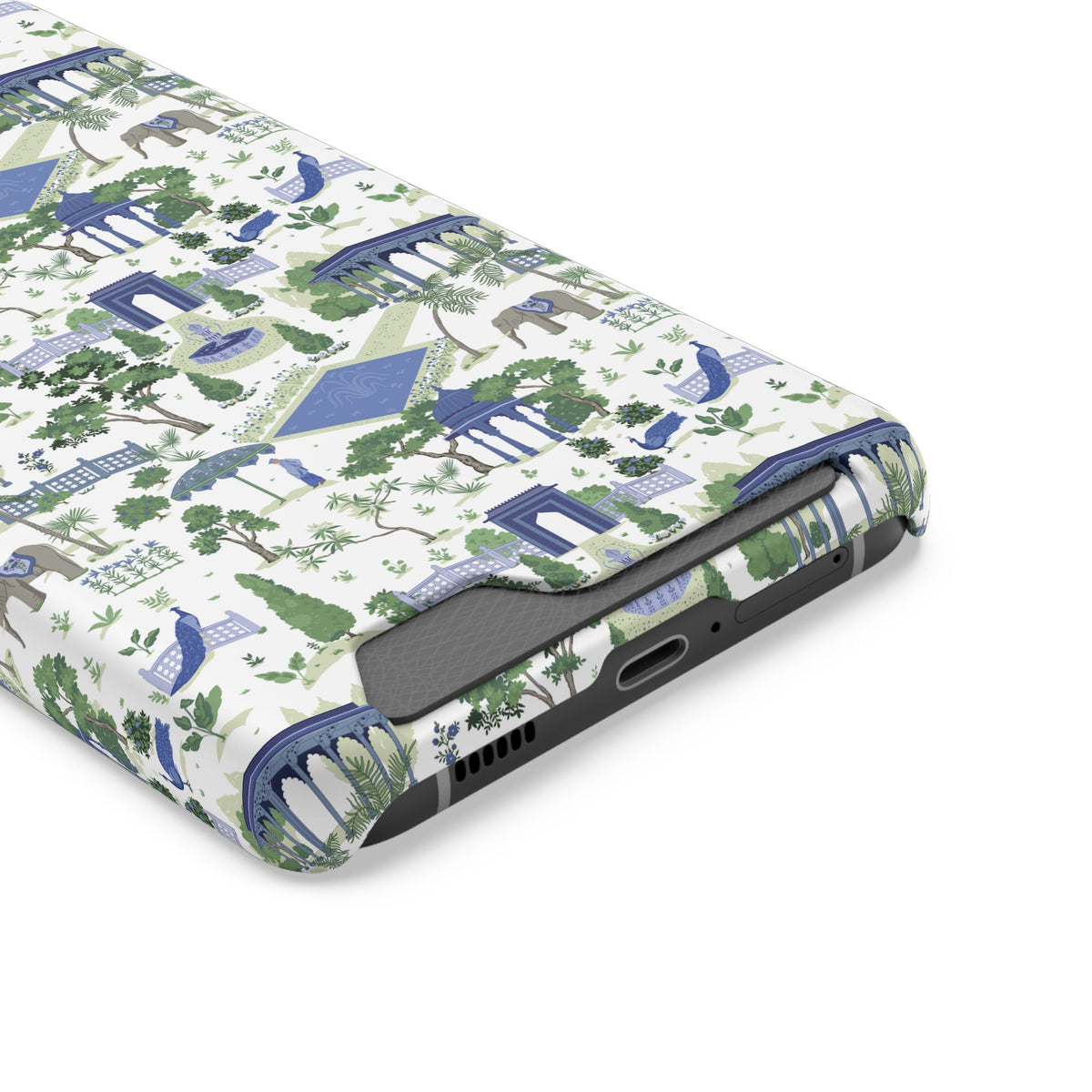 Garden Pavilion Cardholder Phone Case — Blue & Green Scenic Park Design