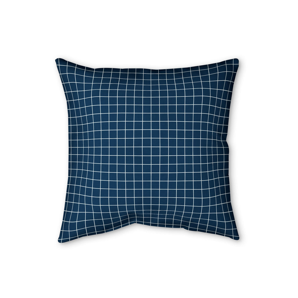 Navy Grid Throw Pillow — Modern Check Faux Linen Accent Cushion