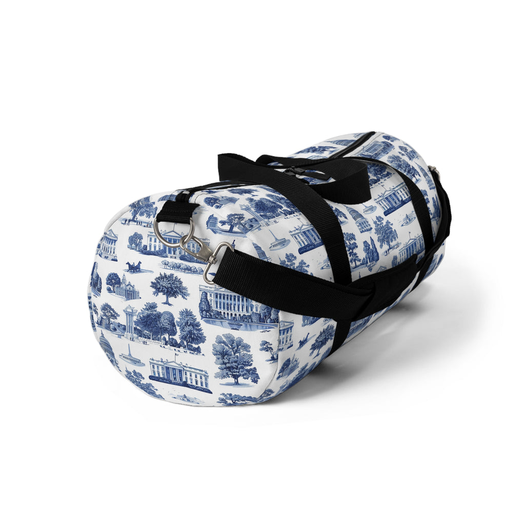 Blue Toile Travel Duffel Bag — Classic Scenic Print Weekender